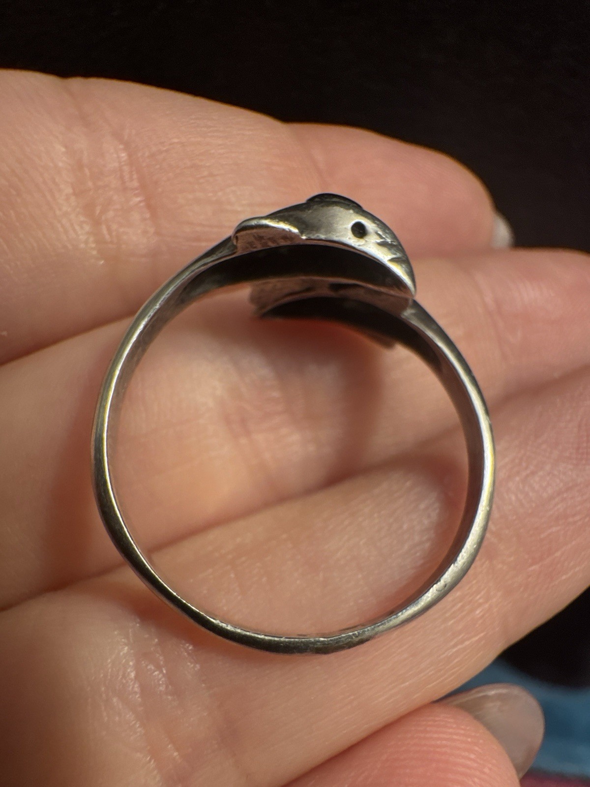 925  Sterling Silver Two Onyx Head Dolphins  Ring -UK SizeT(#2) image 6