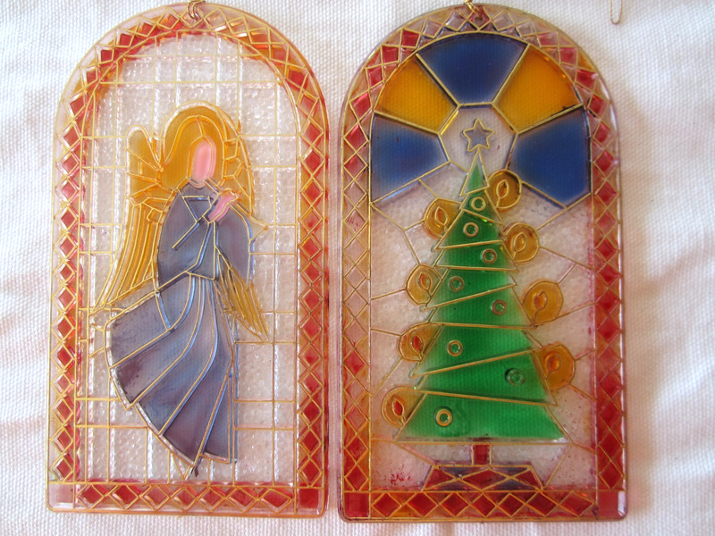 Vintage Lot of 2 Plastic Stain Glass Window Suncatcher Flat Christmas Ornaments