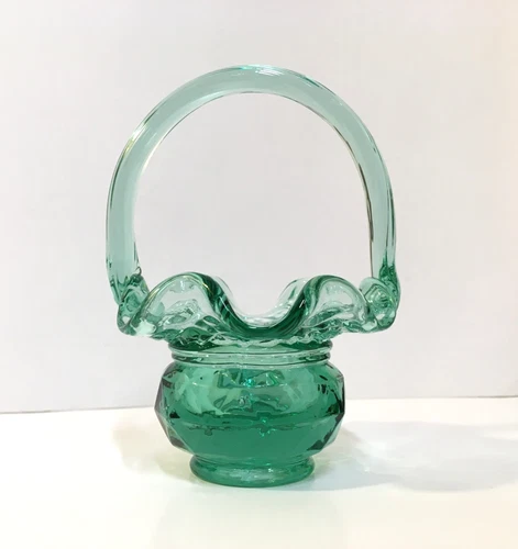 VTG Fenton Green Glass Mini Basket Diamond Faceted - Junior Thompson