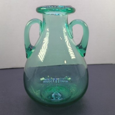 Vintage Aqua Green Blown Art Glass Amphora Vase Double Handles Pontil 7''