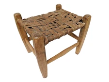 Primitive Small Wooden Stool Woven Seat Footstool Rustic Farmhouse Country Decor