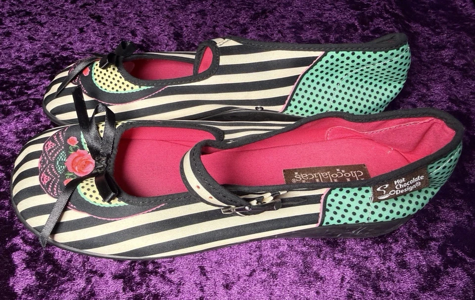 CHOCOLATICAS Mary Jane Rayas Talla 39 EE. UU. 9 Diseño Chocolate Caliente Lazo Puntos Encaje Foto 3 de 4