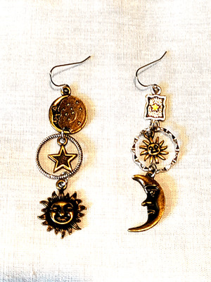 Celestial Sun and Moon with Stars Dangling Multi Part Charms Earrings