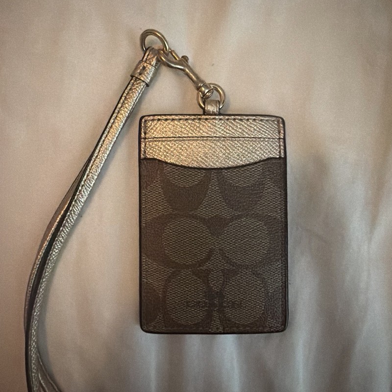 Coach Brown Signature Logo Leather ID Badge Holder Lanyard Wrist Strap Silver