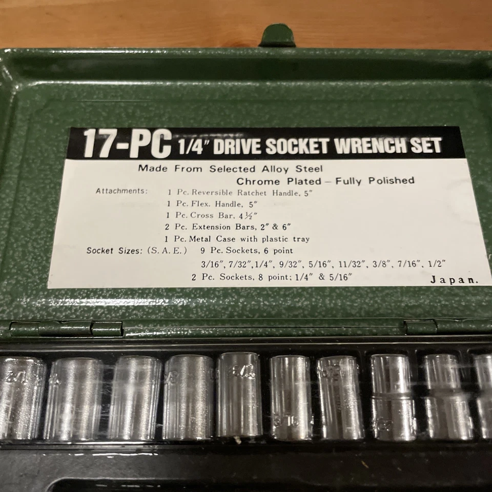 17pc 1/4” Drive Socket Wrench Set SAE Tools Ratchet Breaker Bar Sockets Japan - Image 2 of 4