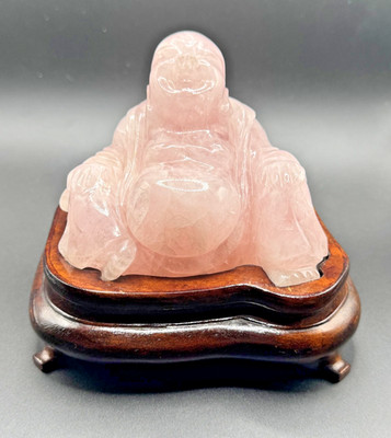 Hand Carved Rose Quartz Budai Laughing Buddha Sculpture With Wood Base