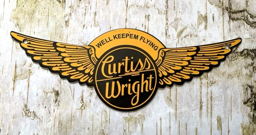 VINTAGE 12x4" CURTISS WRIGHT MOTOR OIL PETROLEUM PORCELAIN GAS PUMP STATION SIGN