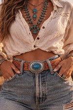 Western Style Tooled Leather Belt w/ Silver-Tone Turquoise-Look Oval Buckle 25  
