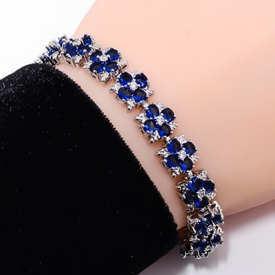 Blue Sapphire -Simulated, CZ 925 Sterling Silver Adjustable Bracelet 7-8'' B5033