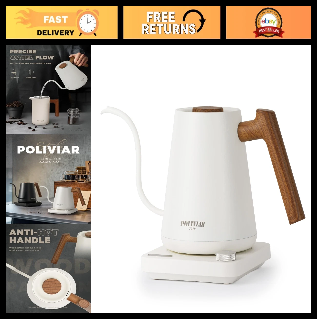 1350W Electric Gooseneck Kettle - 34oz Pour Over Coffee & Tea Maker, Temp Contro