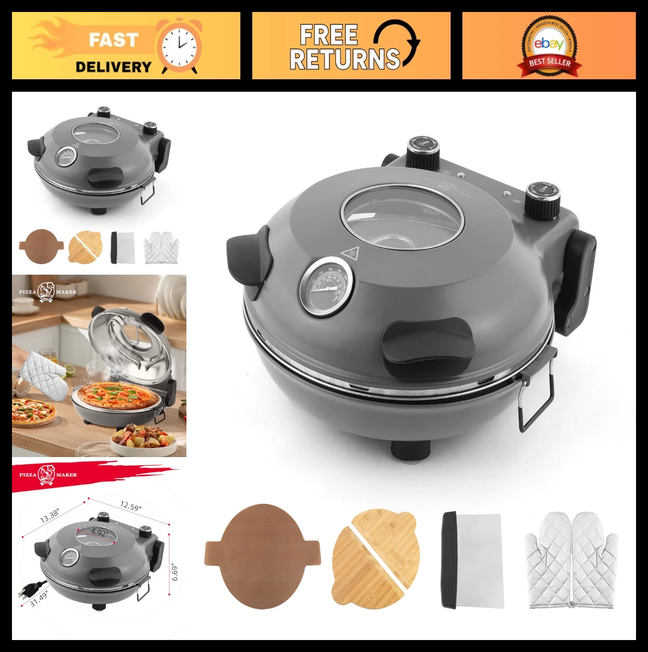 KLAIF 12" Electric Countertop Pizza Oven with Ceramic Stone and Tools