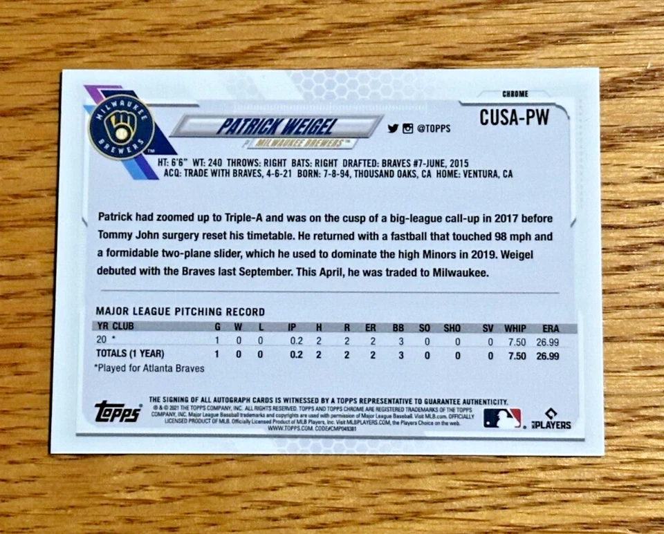 PATRICK WEIGEL 2021 Topps Chrome Update Series #CUSA-PW Rookie RC Refractor Auto - Image 2 of 2