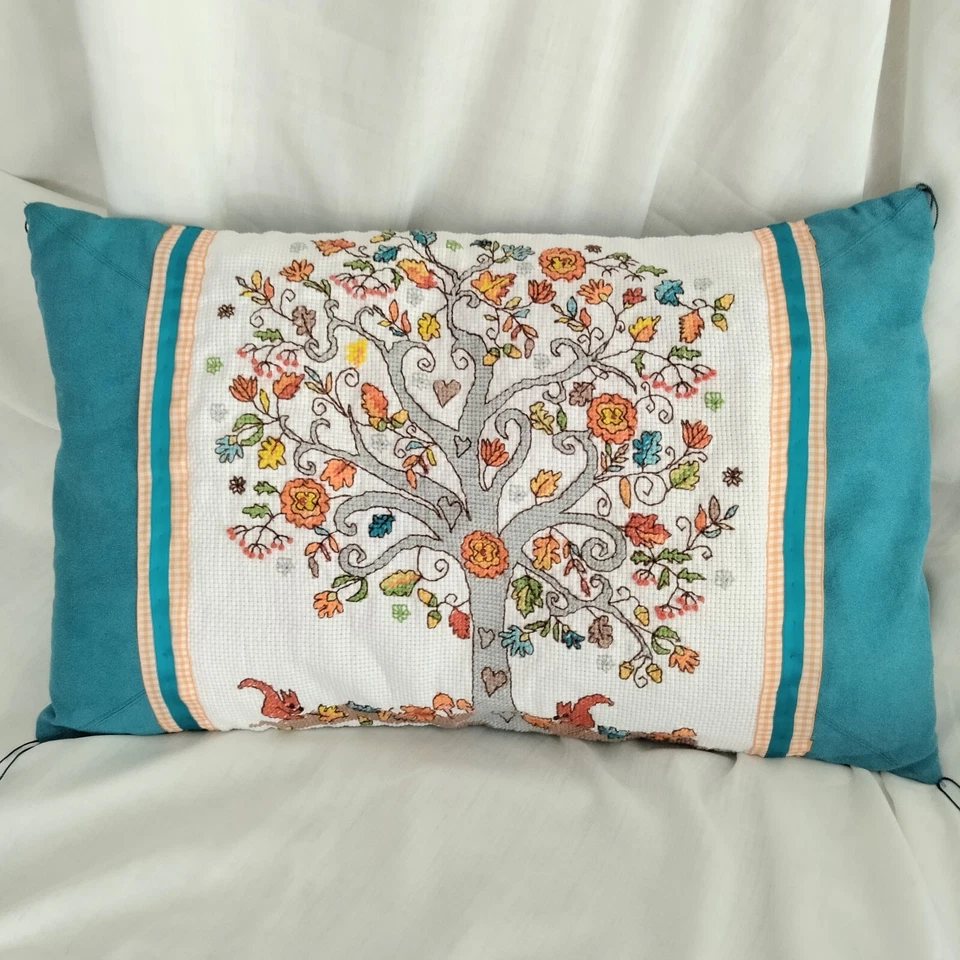Handmade Cushion OOAK blue suedette & orange tree tapestry cross stitch Tassels - Image 2 of 4