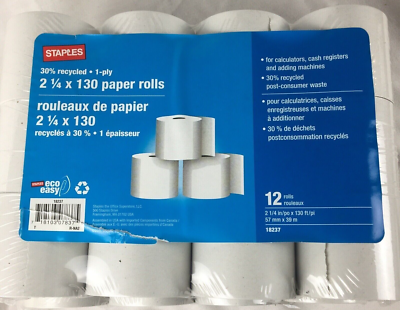 #ad STAPLES 2 1 4” x 130’ CALCULATOR CASH REGISTER ADDING MACHINE 12 PAPER ROLLS NEW $7.99