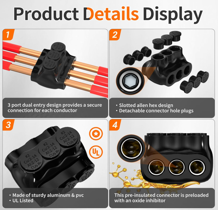 5-Pack Black Multi Cable Connectors - 3 Port Insulated Tap Connectors With Oxide Inhibitor