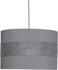 12" FAUX SATIN GREY DRUM WITH SILVER DIAMANTE EASY FIT CEILING LIGHT SHADE