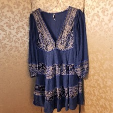 Free People Blue Paisley Swiss Dot Swing MY LOVE INDIGO COMBO Dress Size Small S