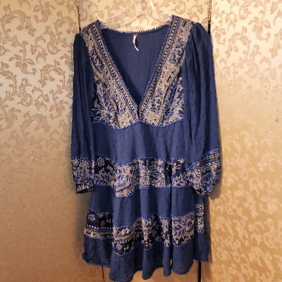 Free People Blue Paisley Swiss Dot Swing MY LOVE INDIGO COMBO Dress Size  Small S