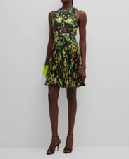 $795 Fuzzi Women's Black Floral Pleated Sleeveless A-Line Dress Size 42