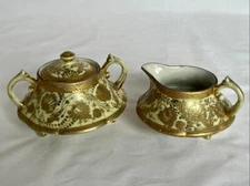 Vintage NIPPON Hand Painted Gold Encrusted Creamer and Sugar Bowl with Lid