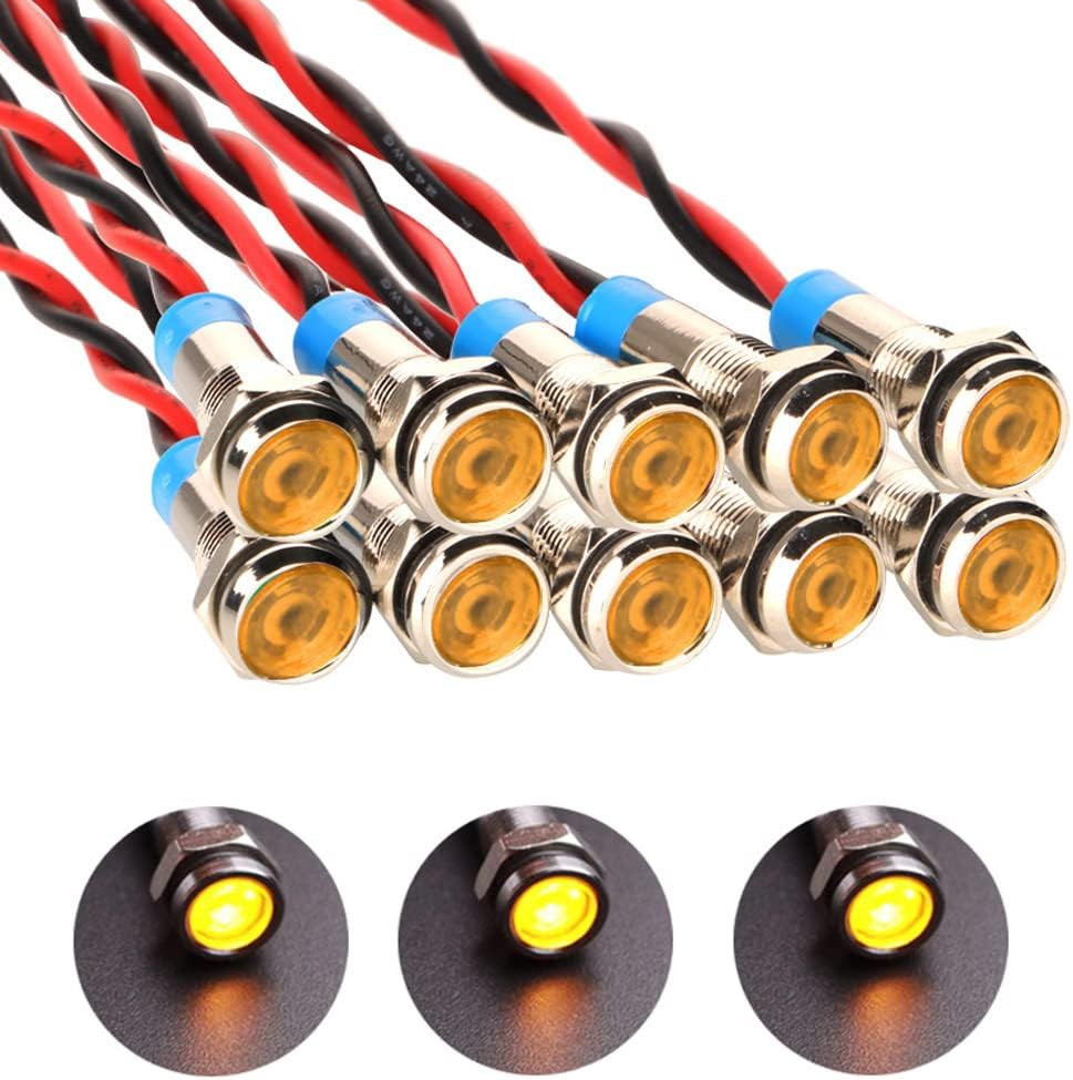 10Pcs 6Mm Waterproof Wired LED Indicator Light AC/DC 12-24V (Yellow)