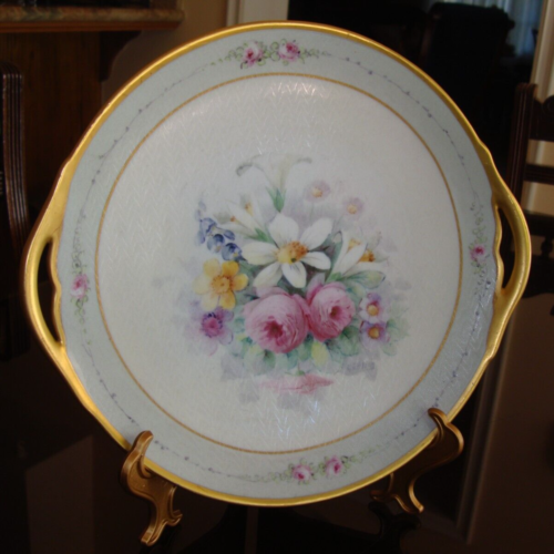 RARE LIMOGES PICKARD SIGNED "GOTTLICH" HAND PAINTED ROSES on TAPESTRY CAKE PLATE - Picture 1 of 11