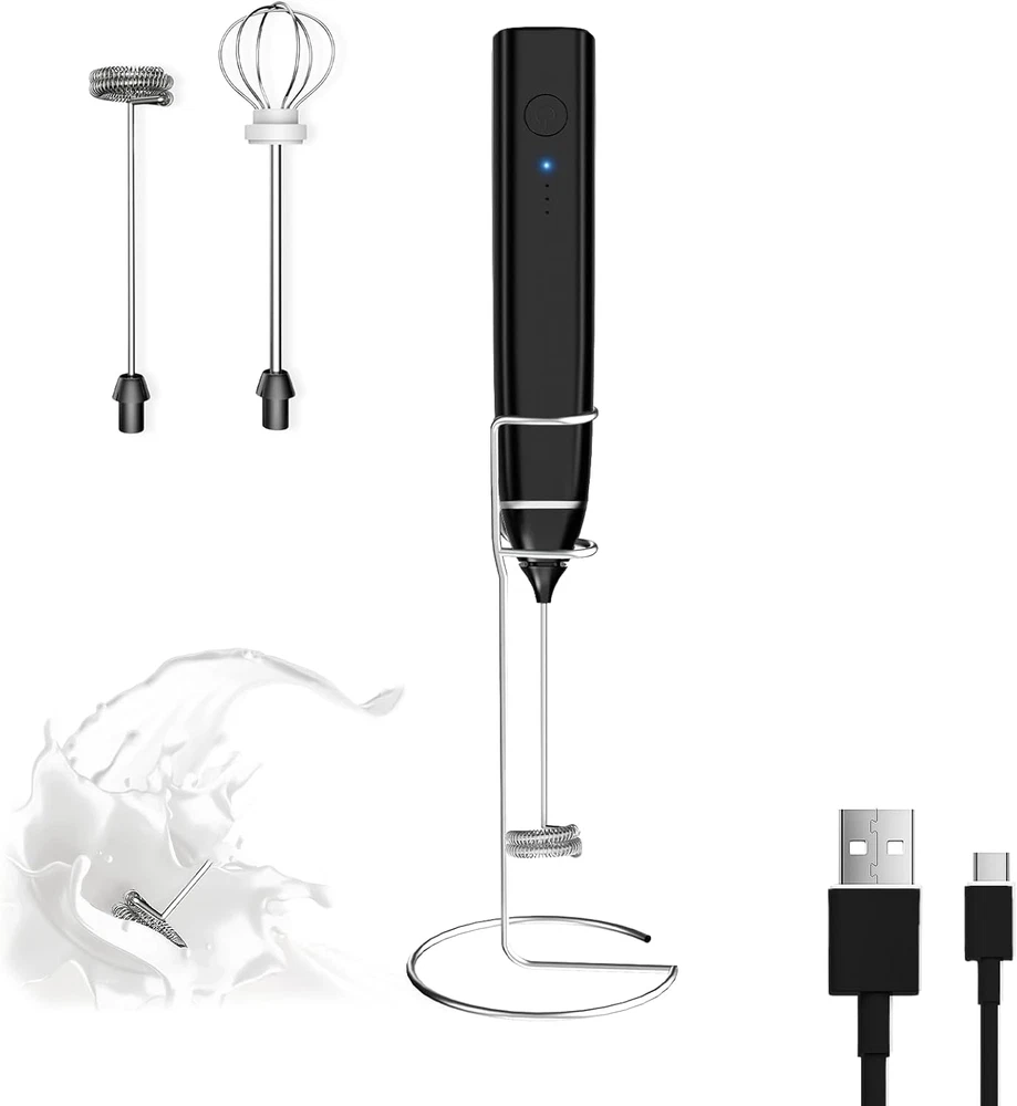 Milk Frother Rechargeable Handheld Electric Whisk Coffee Frother Mixer with 2 St