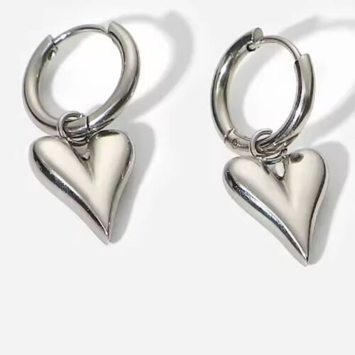 Silver Tone Heart Huggie Hoop Earrings Tarnish Free Stainless Steel