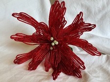 NEW Handmade French Beaded Flower 10 inch Stem Red Large Bud - Poseable