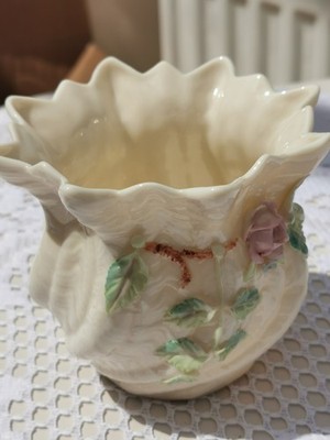 Belleek Ireland Blumenvase Übertopf Rosa Rose Kleeblatt Creme Glanz Vintage
