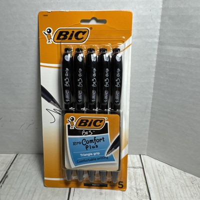 Bic Bu3 Round Stick Grip Ball Black Pen 5 Count New In Package