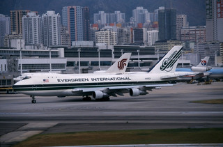 Original 35mm colour slide of Evergreen Intl. Boeing 747 132/SF N481EV at HKG