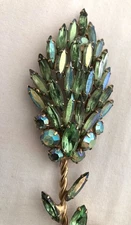 Vintage Juliana Long 5” Flower Brooch Green Rhinestones/Borealis Gold Plated