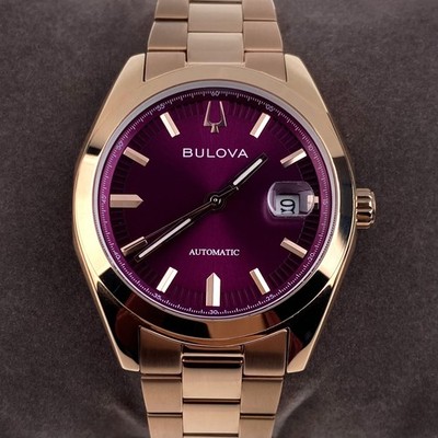 Bulova Surveyor Automatic Watch 39mm Purple Dial Rose Gold Men's Watch 97B234