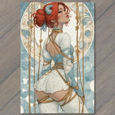 POSTCARD Red Girl Tied Rope White Lace Lingerie Blue Background Heels Horns