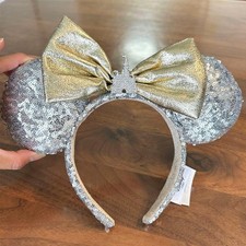 Disney Parks Castle Jewel Silver Sequin Mickey Mouse Minnie Ears Bow Headband