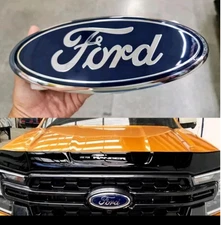 Premium Logo FORD RANGER Emblem BLUE w Silver Edge Oval Chrome  For Ford Grille