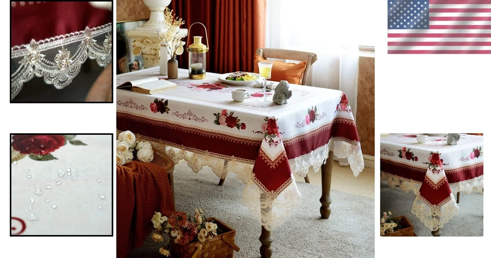 Antique Flower Lace Tablecloth 60x104" Burgundy - Image 2 of 4