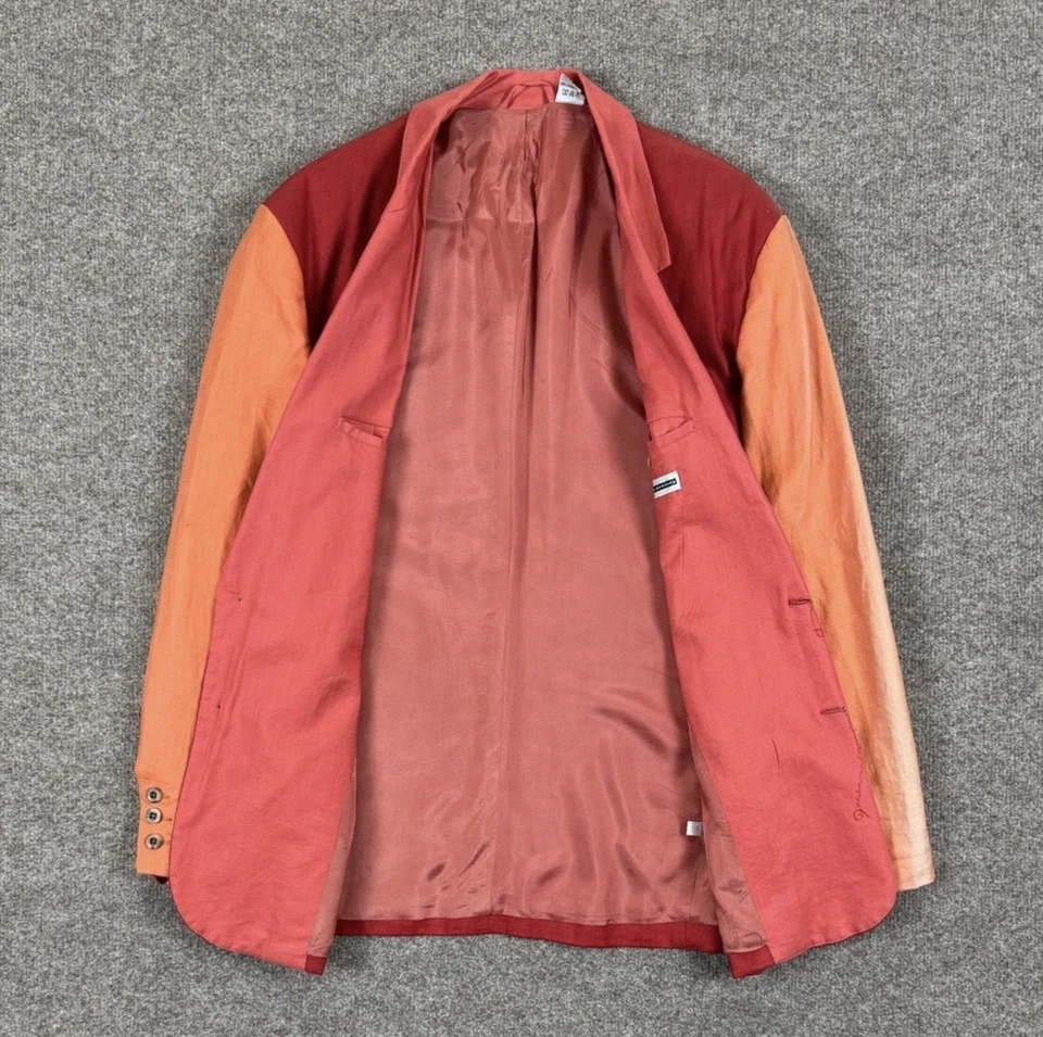 Retro 100% Linen 2 Button Blazer Jacket Sports Coat Mens L Red Orange Colorblock - Image 3 of 4