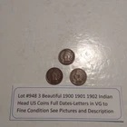 Lot #948 3 Beautiful Indian Head Penny Coins 1900-1901-1902 VG-F See Pictures