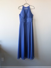 Azazie Chiffon Maxi Bridesmaid Elegant Blue Sleeveless Dress Size 8 Built In Pad