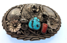 Native American NA Belt Buckle .925 Charging Bear 3 x 2.25 Turq Coral Navajo 3-D
