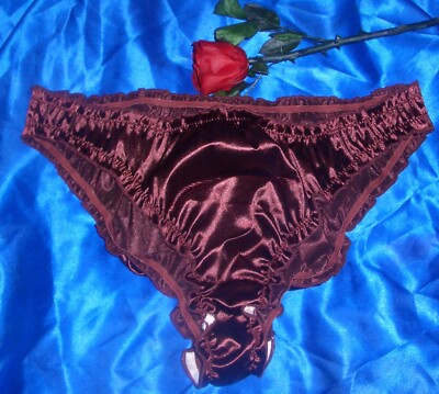 Edler Pin Up Sissy Glanz Satin Rüschen Slip Panty Gr. XL BRAUN Schlüpfer (Lu18)
