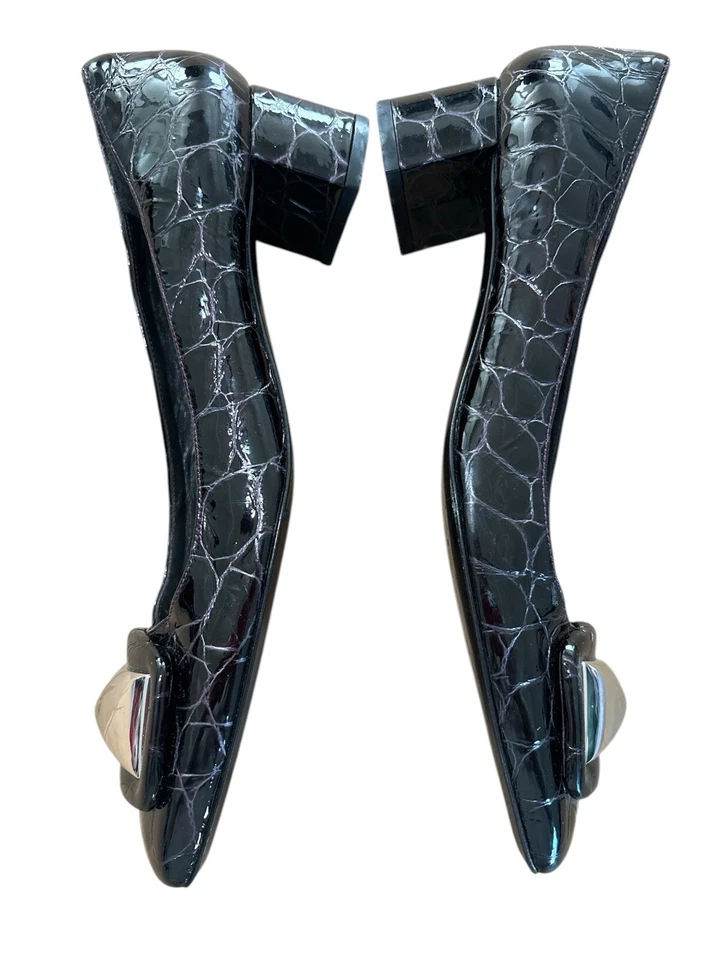 Stuart Weitzman Mujer Cocodrilo Cuero Negro Repujado Tacón Bloque Hebilla de Bomba Talla 8 Foto 3 de 4