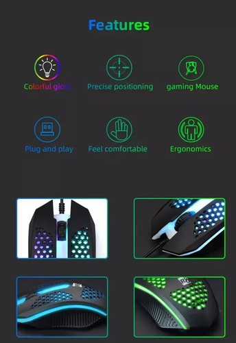 Gaming Mouse Optical honeyHoles Lightweight Ergonomic Wired USB 3D 1600DPI - Picture 4 of 9