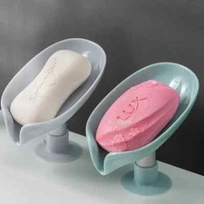 Porta Jabón Forma Hoja Caja Plato Baño Drenaje Ventosa Ducha Bandeja x 2 Gris