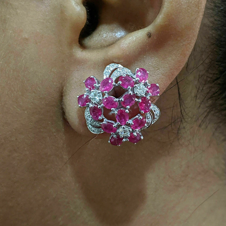 3Ct Oval Cut Pink Ruby & Diamond Flower Stud Earrings 14K White Gold Finish - Image 3 of 4