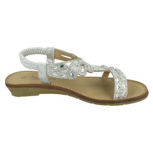 LADIES SAVANNAH F0R0321 LOW WEDGE ELASTIC STRAP DIAMANTE TRIM SUMMER SANDALS - Picture 20 of 31