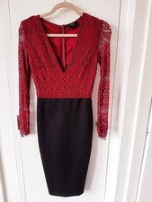 Ax Paris Wine Red And Black Plunge Bodycon Pencil Evening Dress Women UK8 Lace