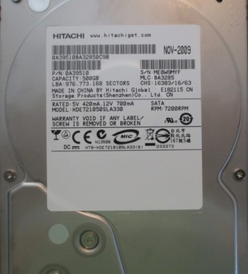 Hitachi HDE721050SLA330 PN:0A39510 MLC:BA3285 500gb 3.5'' Sata Desktop Drive
